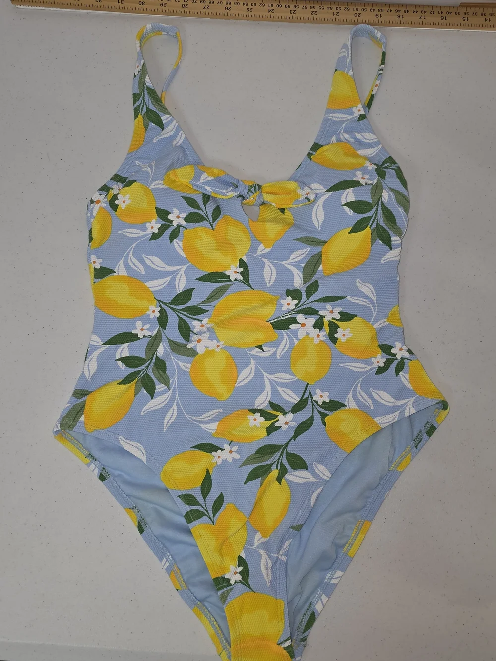 Time and Tru Lemon Print One-Piece Swimsuit Yellow Light Blue Sz L (12-14)